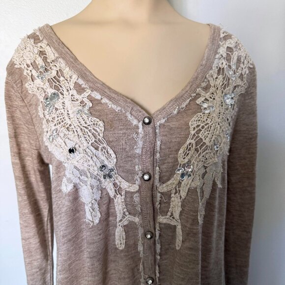 size SMALL tan cardigan MISS ME lace rhinestones embellished button up ombre S - Picture 4 of 11